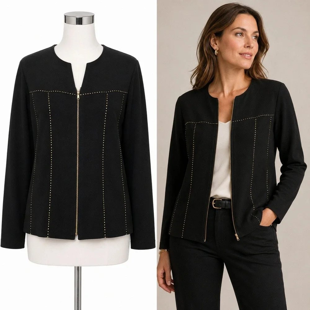 Vintage Chads Place Blazer Womens 8 Black Gold Stitch Zip Front Jacket Career